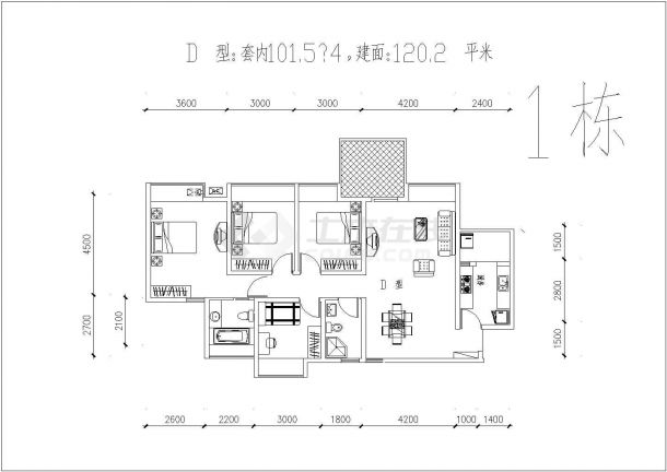 某地區(qū)三房經典戶型建筑設計CAD平面圖解析